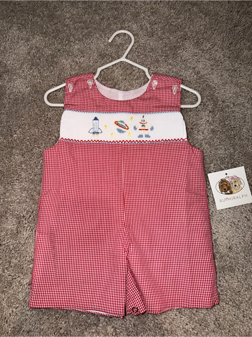 Red Gingham Smocked Space Romper by RuthRalph